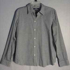 Chaps Women Classic Gingham No Iron Button Down Shirt Size XL White Black